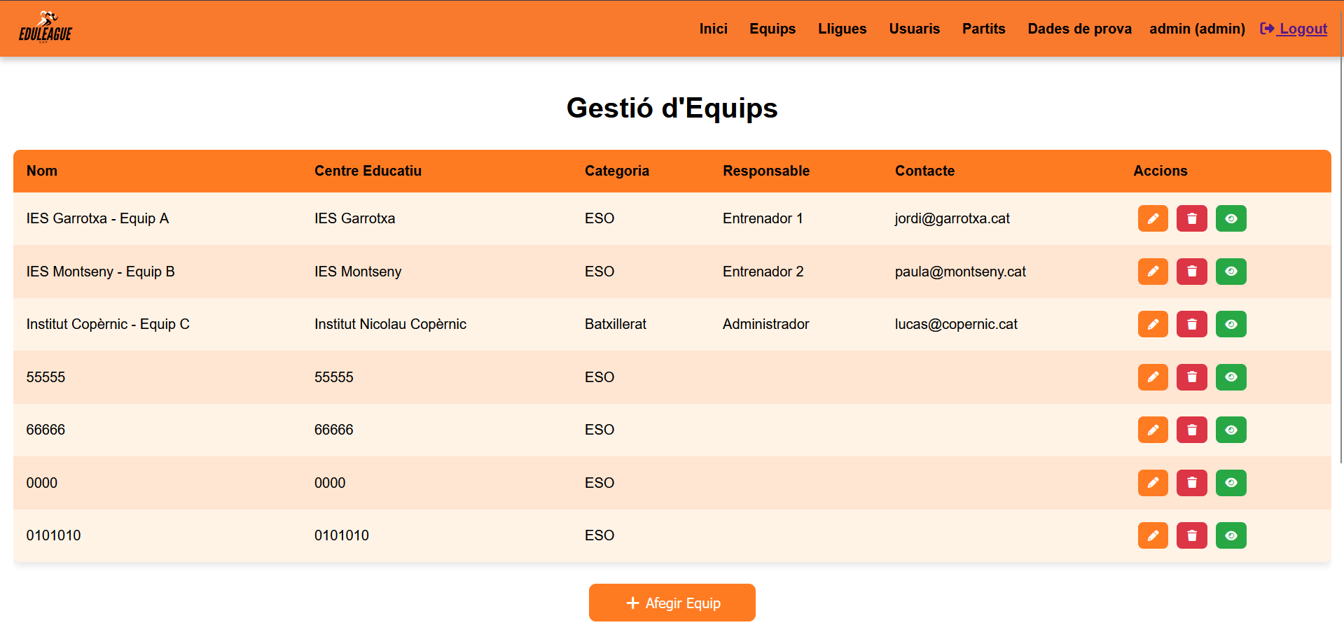 Pantalla de gestión de equipos de EDULEAGUE
